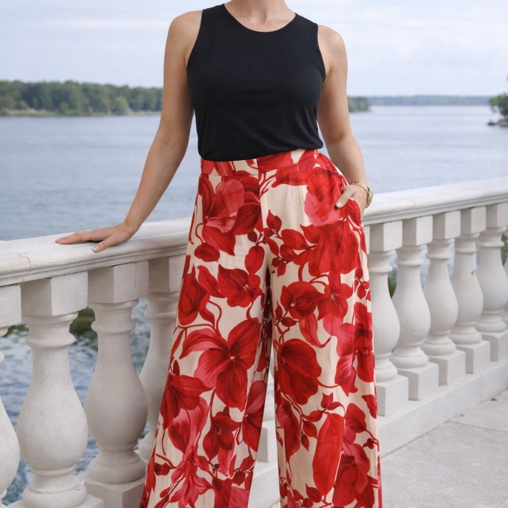 266187 Red & Cream Flowing Pants by FRANK LYMAN